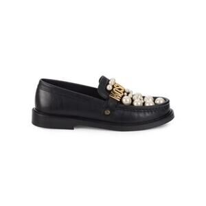 Moschino Pearl & Logo Leather Loafers - Size 7